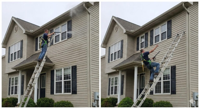 Power washing on ladder